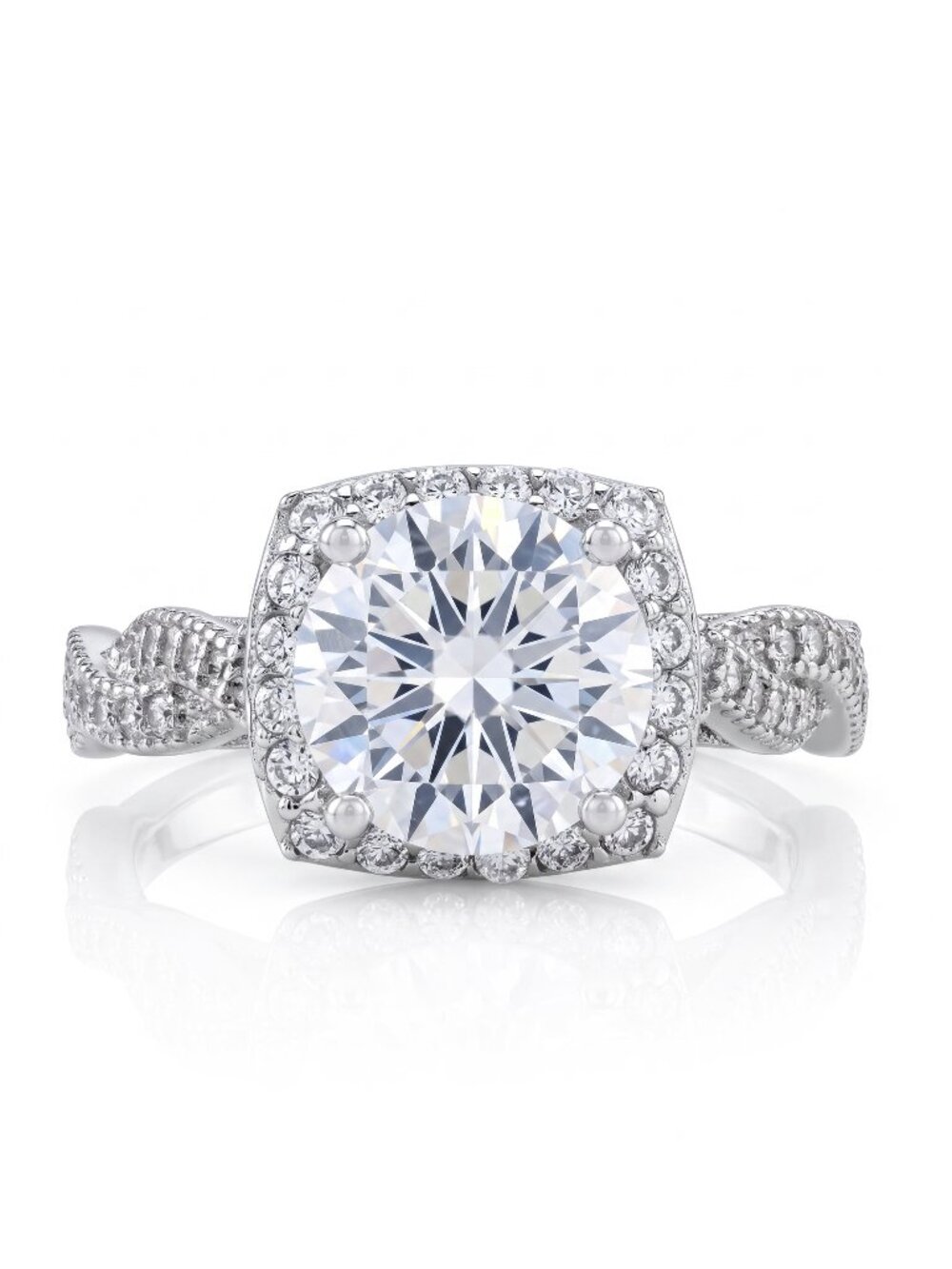 Classic Engagement Style Round Halo ring with twist band,  925 Sterling Silver